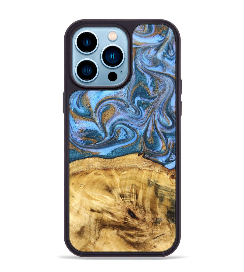 iPhone 14 Pro Max Wood Phone Case - Lena (Teal & Gold, 831018)