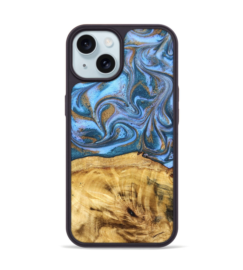 iPhone 15 Wood Phone Case - Lena (Teal & Gold, 831018)