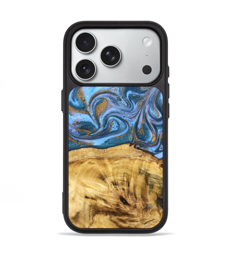 iPhone 18 Pro Wood Phone Case - Lena (Teal & Gold, 831018)