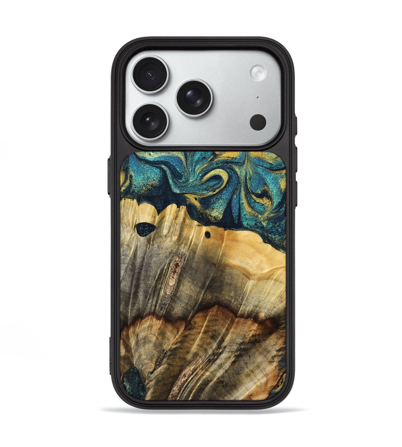 iPhone 18 Pro Wood Phone Case - Adler (Teal & Gold, 831019)