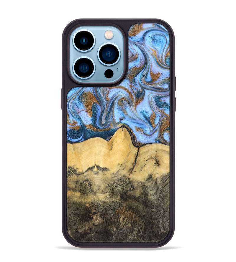 iPhone 14 Pro Max Wood Phone Case - Mallie (Teal & Gold, 831020)