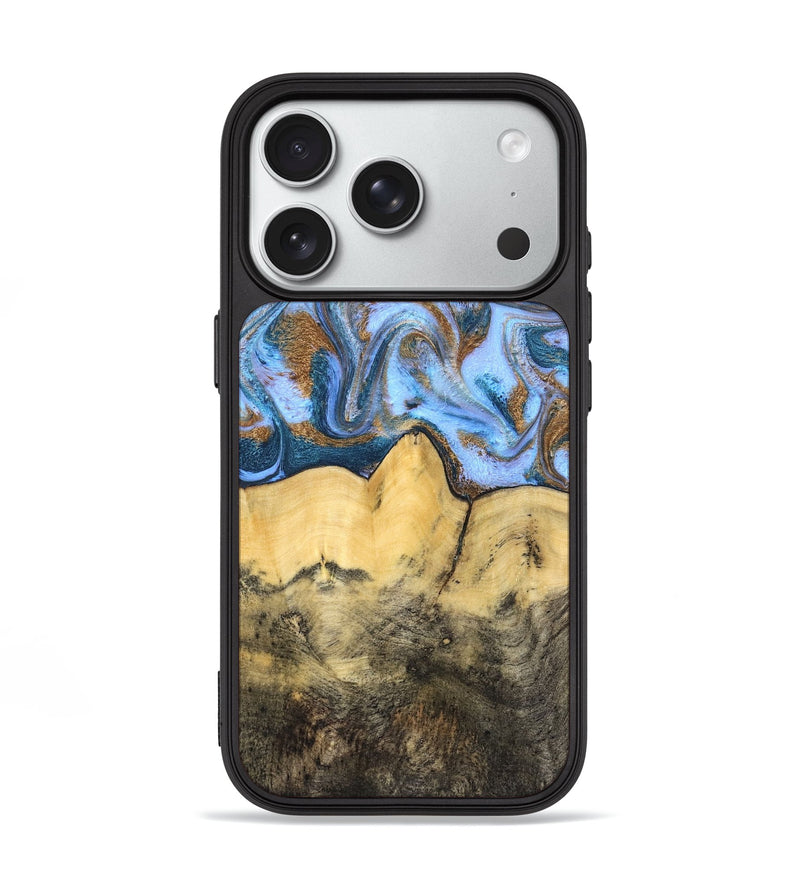 iPhone 18 Pro Wood Phone Case - Mallie (Teal & Gold, 831020)