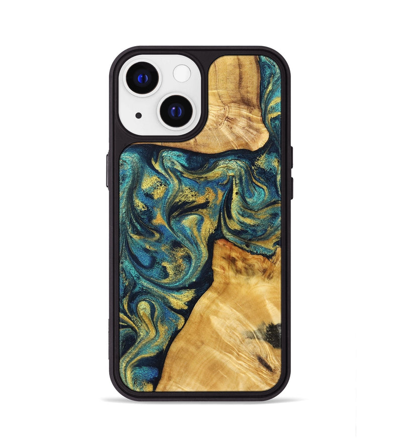 iPhone 13 Wood Phone Case - Ashlee (Teal & Gold, 831021)