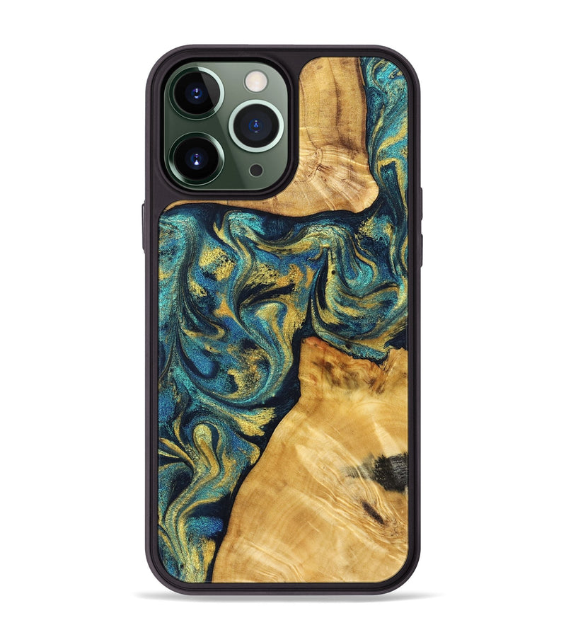 iPhone 13 Pro Max Wood Phone Case - Ashlee (Teal & Gold, 831021)