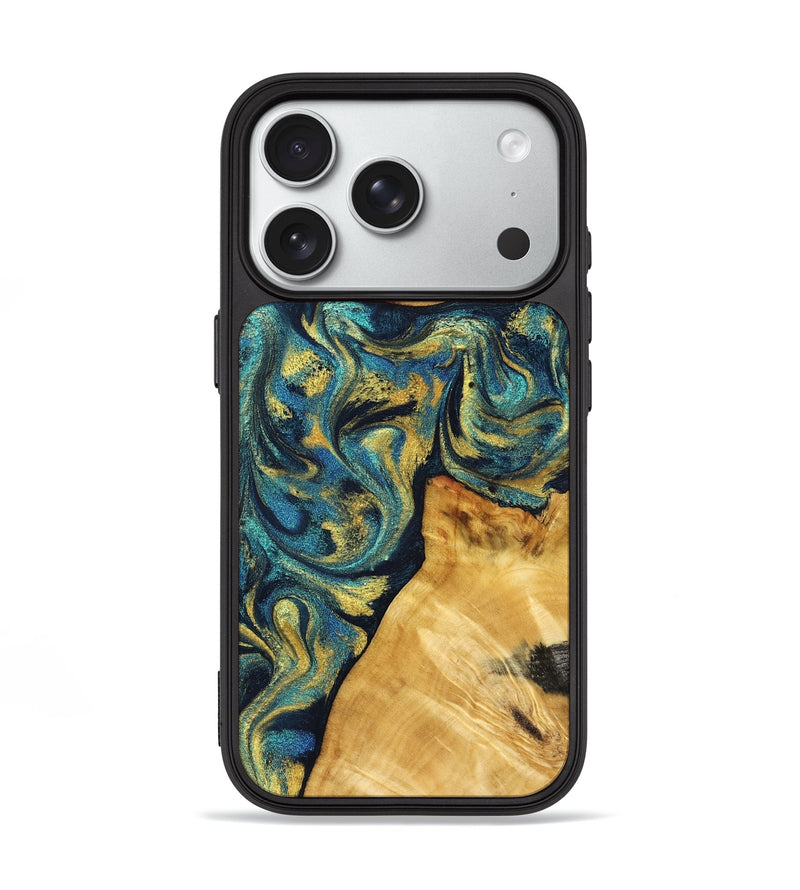 iPhone 18 Pro Wood Phone Case - Ashlee (Teal & Gold, 831021)