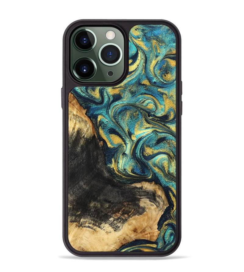 iPhone 13 Pro Max Wood Phone Case - Lilly (Teal & Gold, 831023)