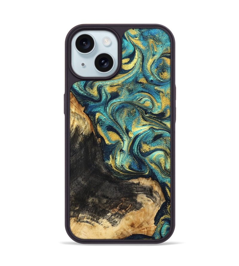 iPhone 15 Wood Phone Case - Lilly (Teal & Gold, 831023)