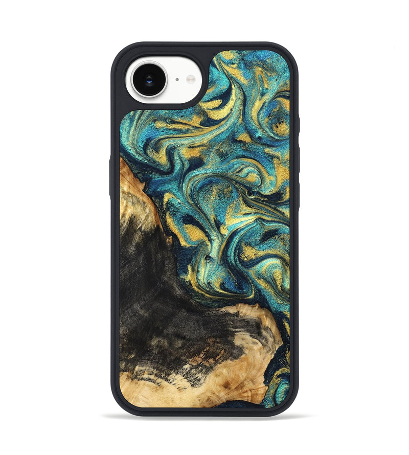 iPhone 16e Wood Phone Case - Lilly (Teal & Gold, 831023)