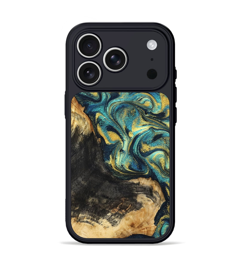 iPhone 17 Pro Wood Phone Case - Lilly (Teal & Gold, 831023)