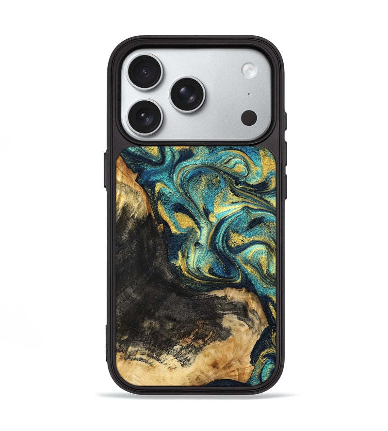 iPhone 18 Pro Wood Phone Case - Lilly (Teal & Gold, 831023)