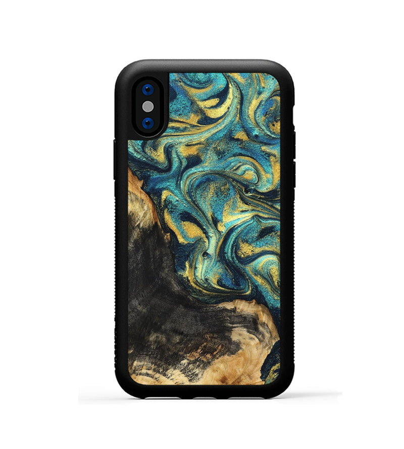iPhone Xs Wood Phone Case - Lilly (Teal & Gold, 831023)