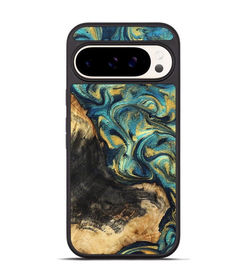 Pixel 9 Pro Wood Phone Case - Lilly (Teal & Gold, 831023)