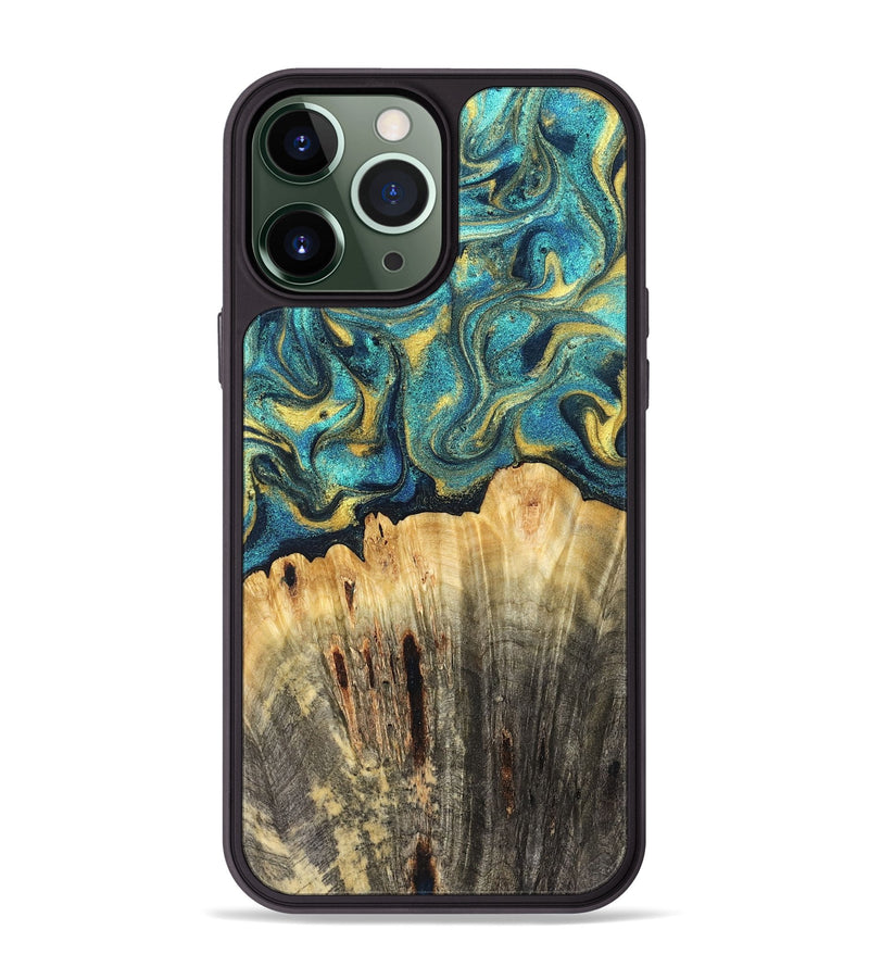 iPhone 13 Pro Max Wood Phone Case - Violeta (Teal & Gold, 831025)