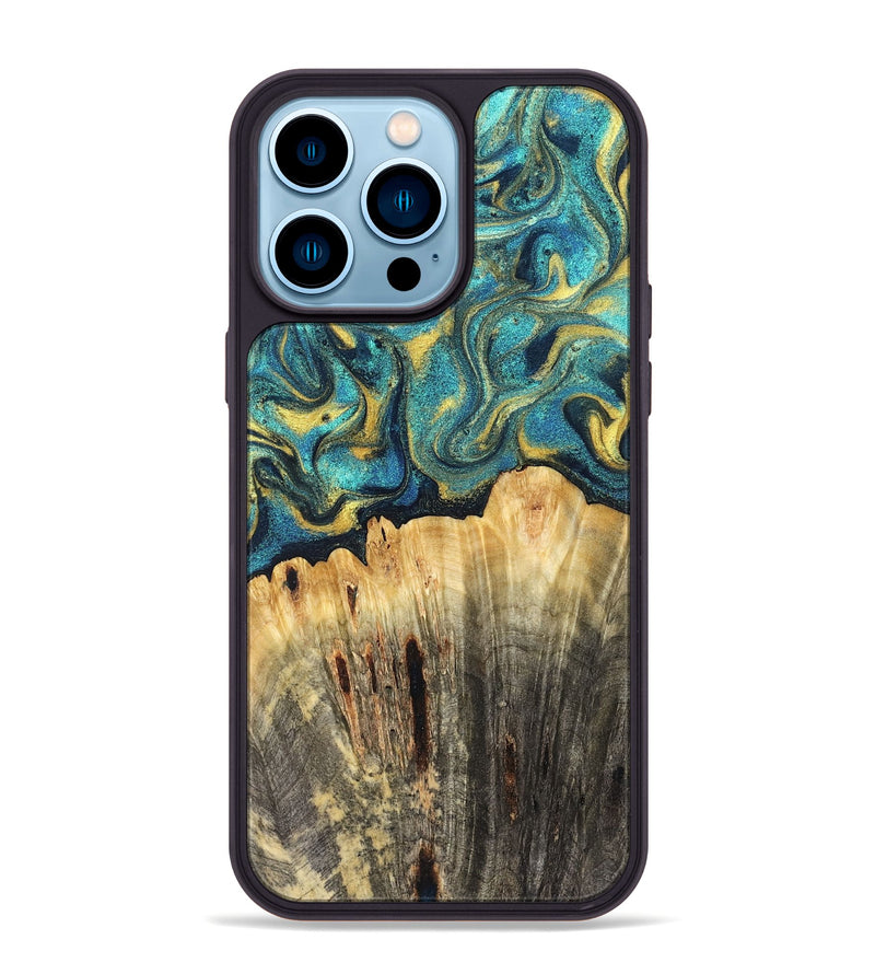 iPhone 14 Pro Max Wood Phone Case - Violeta (Teal & Gold, 831025)