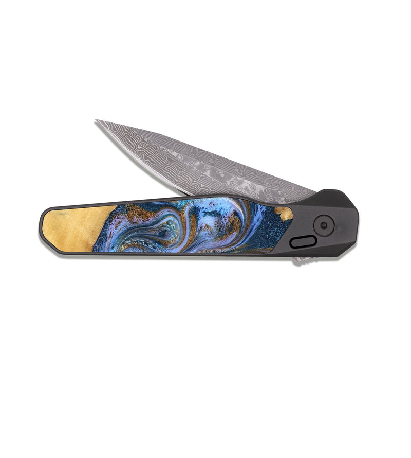 EDC Dark Damascus Wood Pocket Knife - Reed (Teal & Gold, 831267)