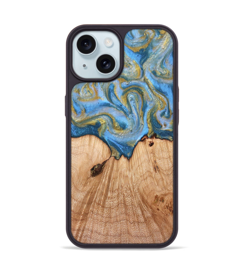 iPhone 15 Wood Phone Case - Alysia (Teal & Gold, 831268)
