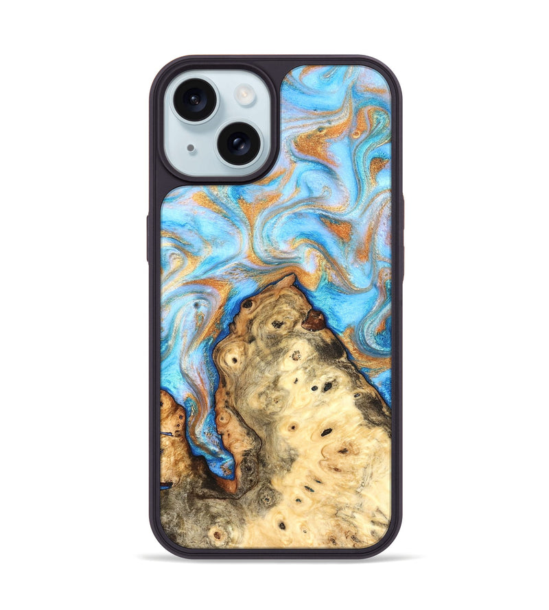 iPhone 15 Wood Phone Case - Grayce (Teal & Gold, 831270)