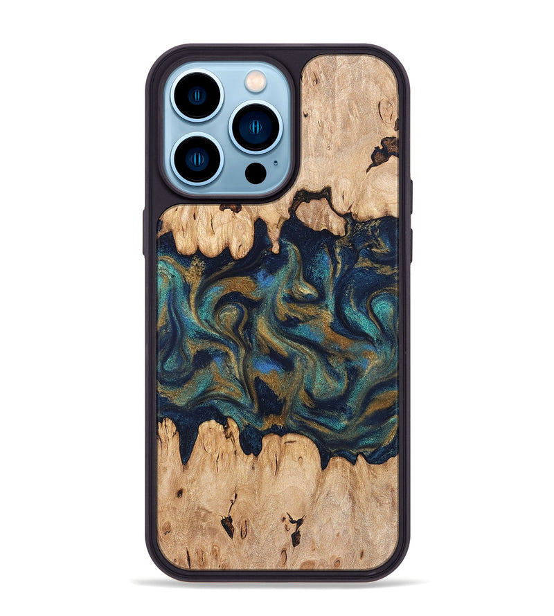 iPhone 14 Pro Max Wood Phone Case - Bettye (Teal & Gold, 831271)