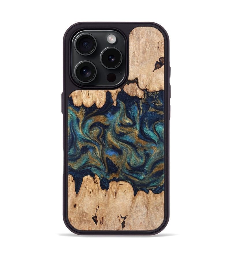iPhone 16 Pro Wood Phone Case - Bettye (Teal & Gold, 831271)
