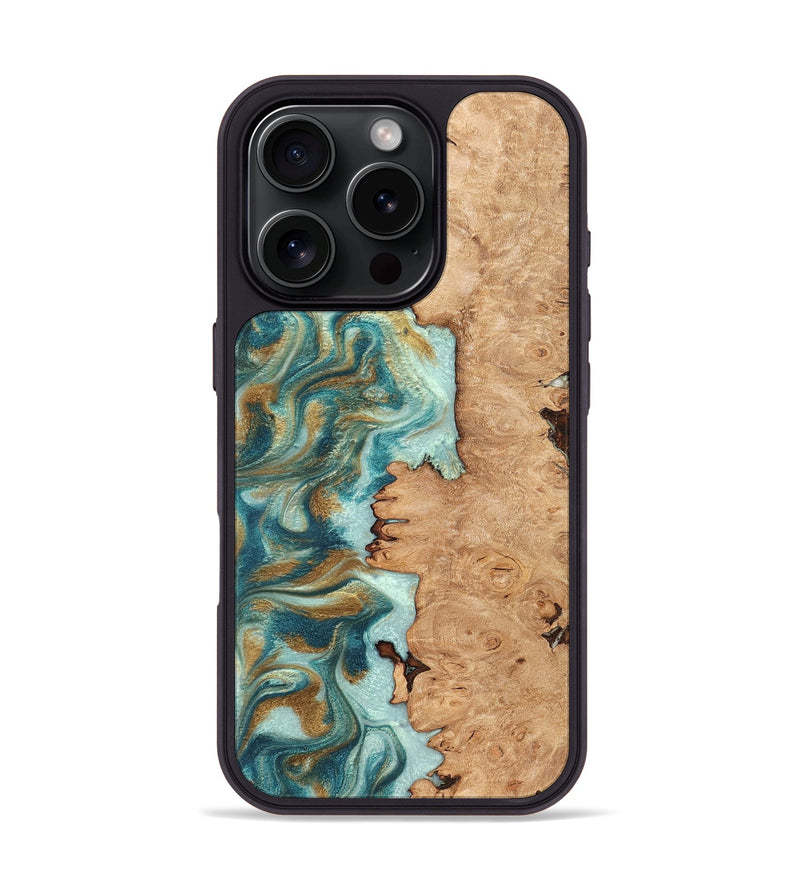 iPhone 16 Pro Wood Phone Case - Huxley (Teal & Gold, 831274)