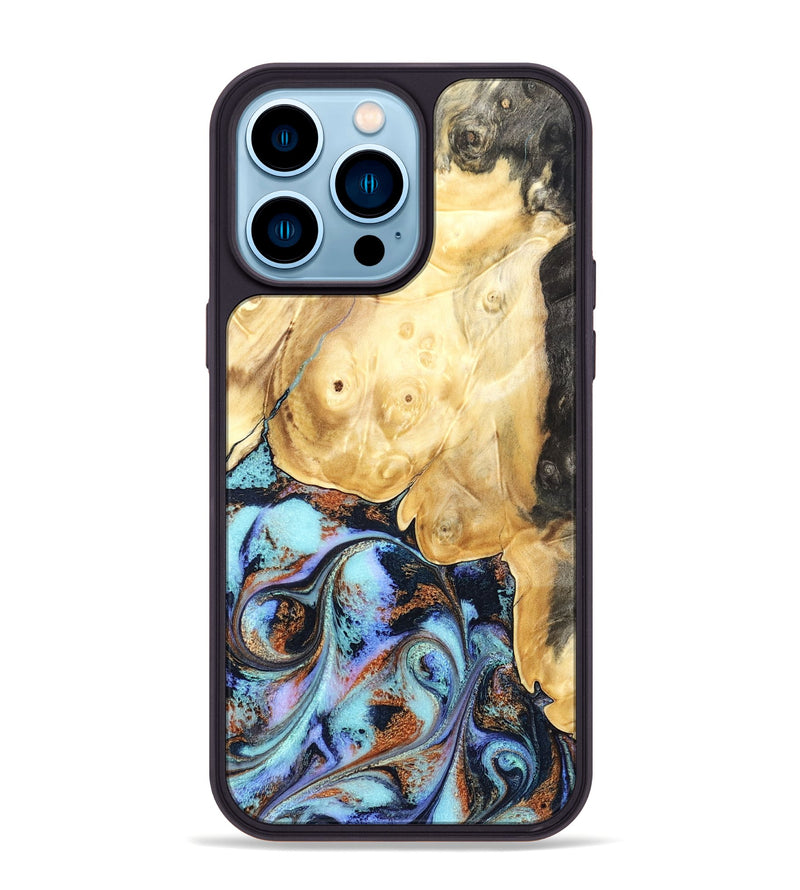 iPhone 14 Pro Max Wood Phone Case - Theo (Teal & Gold, 831277)