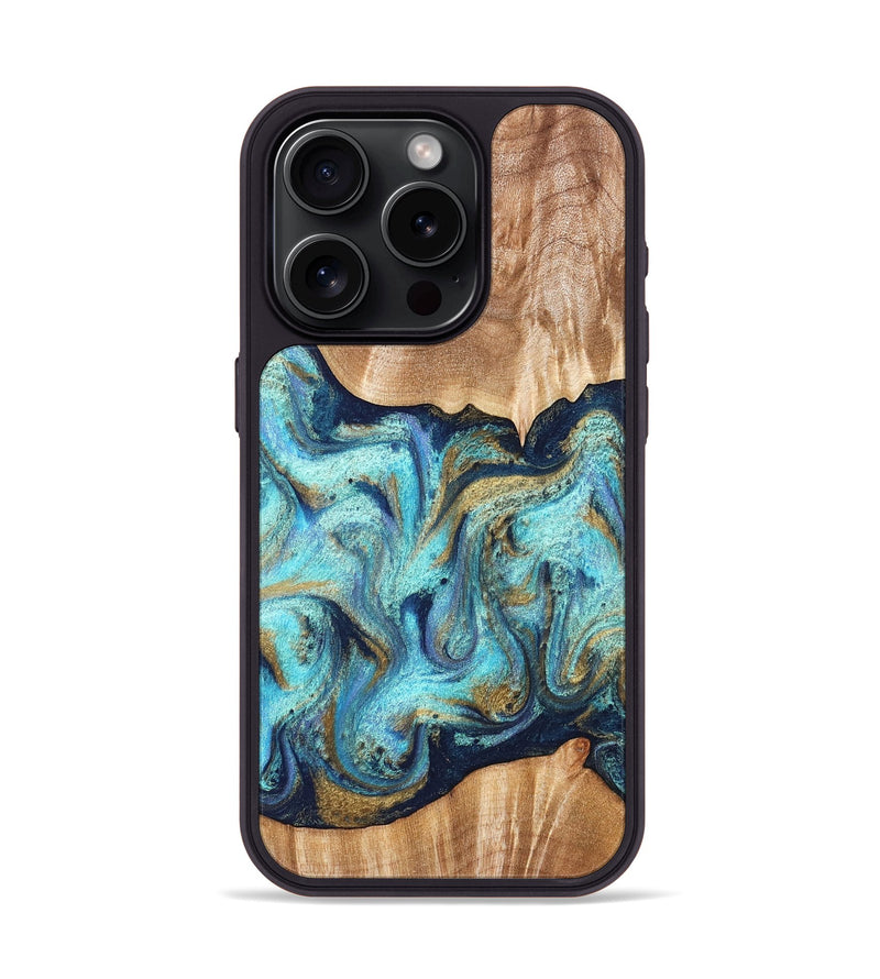 iPhone 15 Pro Wood Phone Case - Glenna (Teal & Gold, 831278)