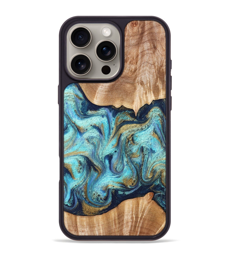 iPhone 16 Pro Max Wood Phone Case - Glenna (Teal & Gold, 831278)