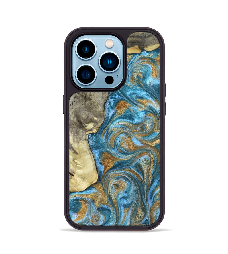 iPhone 14 Pro Wood Phone Case - Karie (Teal & Gold, 831279)