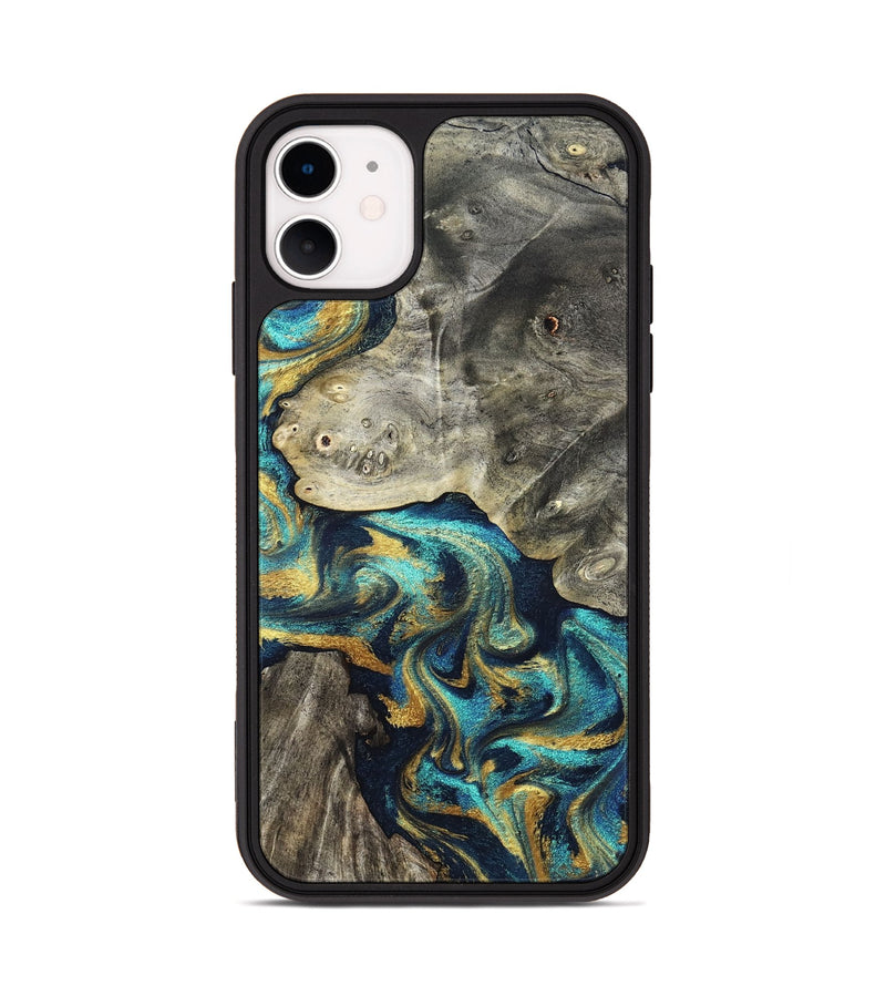 iPhone 11 Wood Phone Case - Amya (Teal & Gold, 831280)