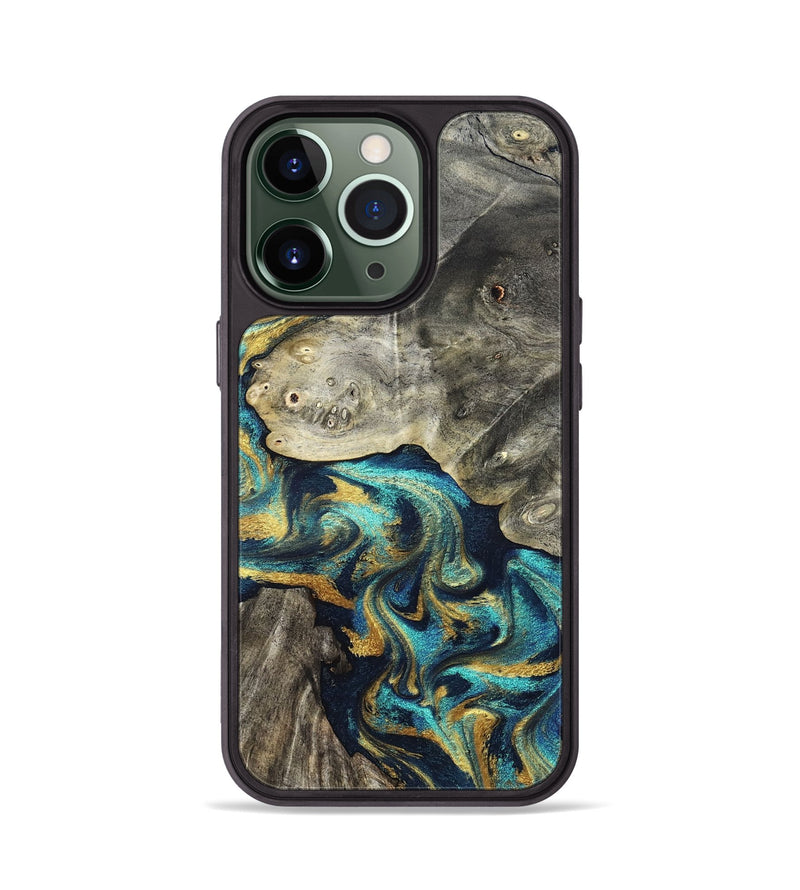 iPhone 13 Pro Wood Phone Case - Amya (Teal & Gold, 831280)