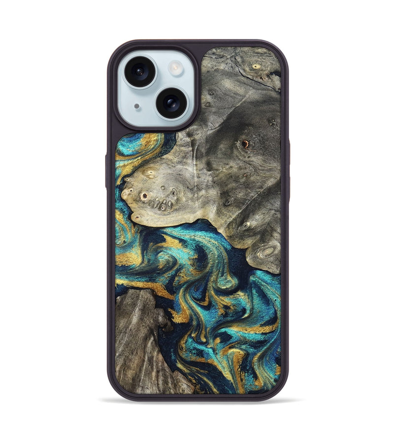 iPhone 15 Wood Phone Case - Amya (Teal & Gold, 831280)