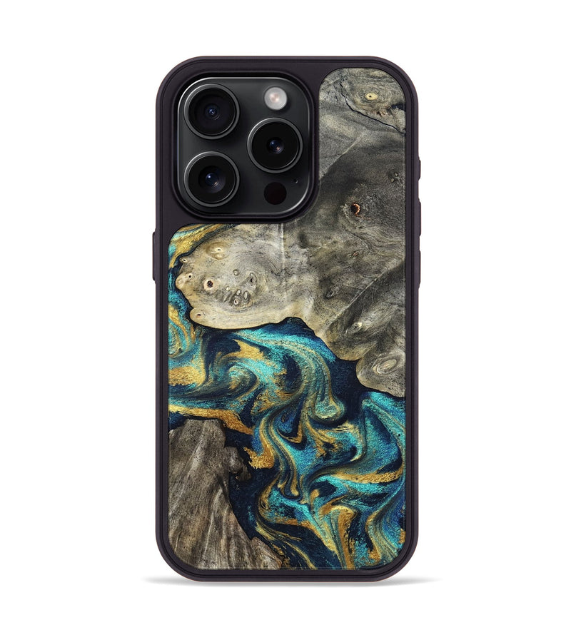 iPhone 15 Pro Wood Phone Case - Amya (Teal & Gold, 831280)