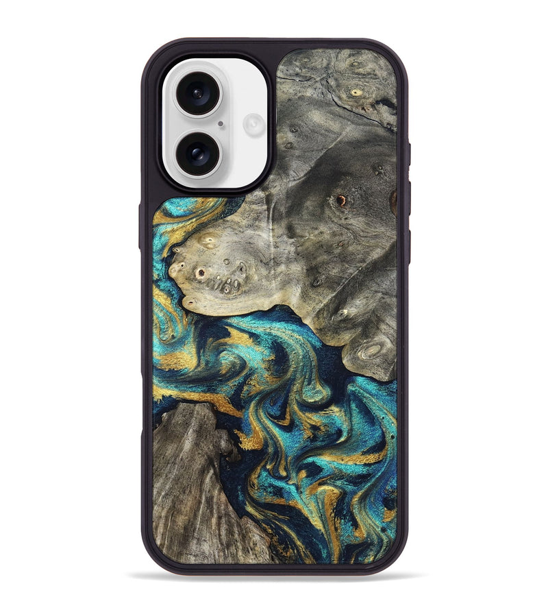 iPhone 16 Plus Wood Phone Case - Amya (Teal & Gold, 831280)