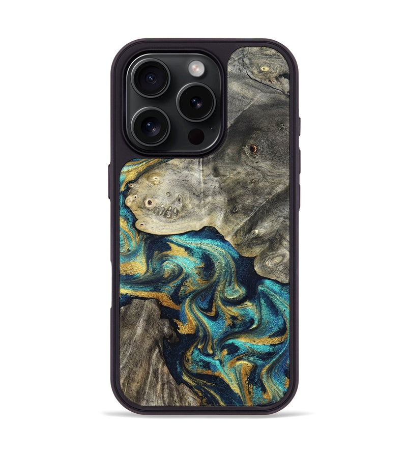 iPhone 16 Pro Wood Phone Case - Amya (Teal & Gold, 831280)
