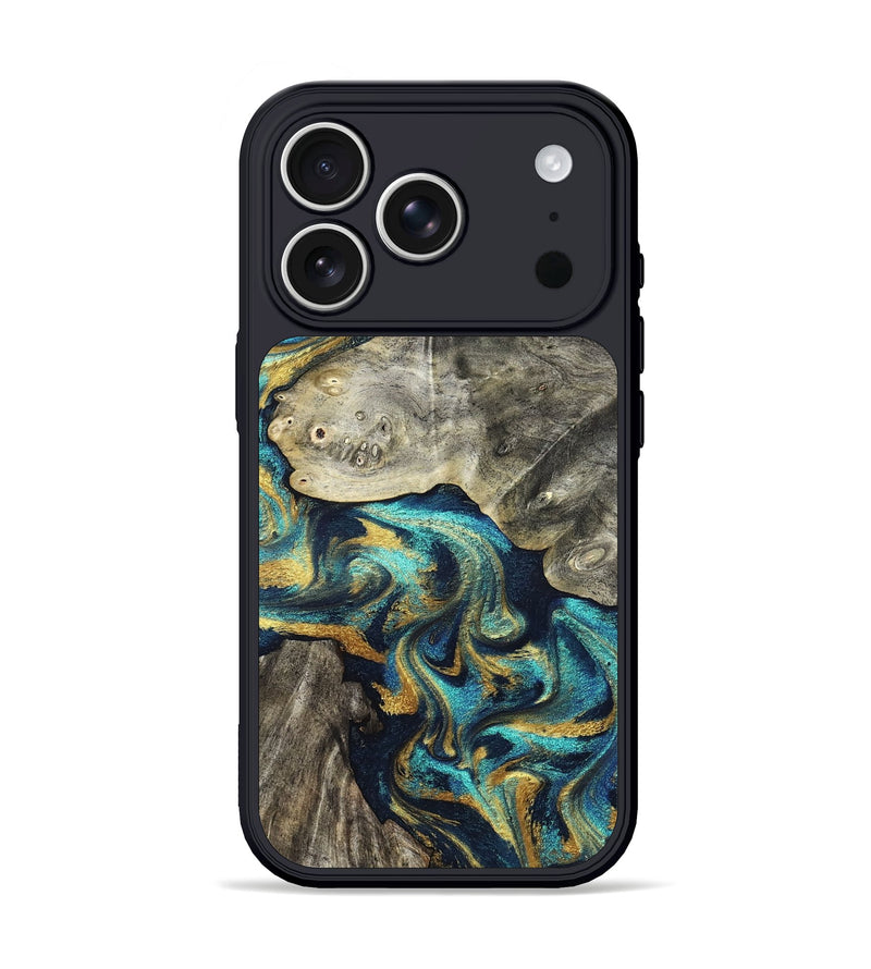 iPhone 17 Pro Wood Phone Case - Amya (Teal & Gold, 831280)
