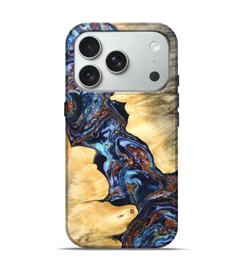 iPhone 18 Pro Wood Live Edge Phone Case - Neveah (Teal & Gold, 831330)
