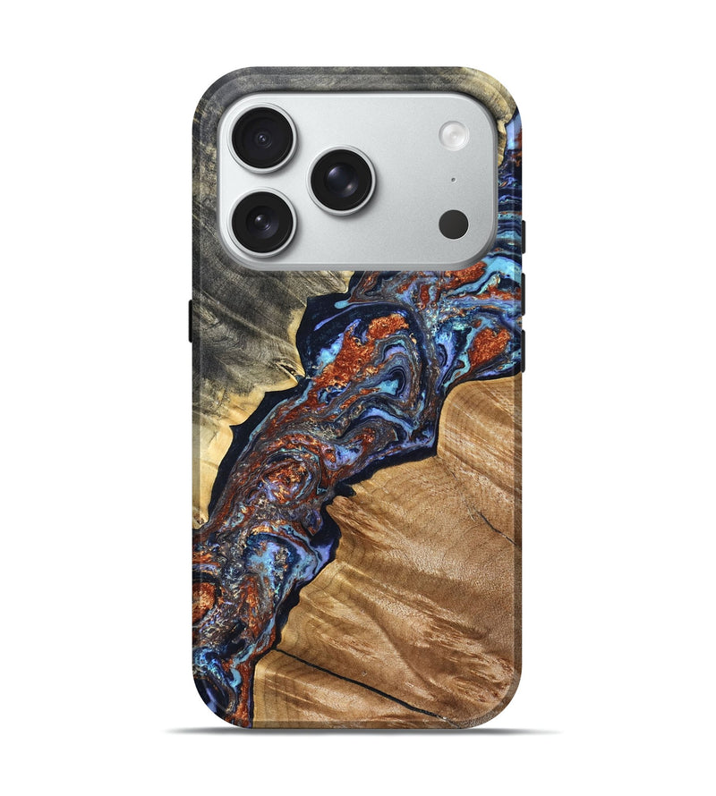 iPhone 18 Pro Wood Live Edge Phone Case - Glenda (Teal & Gold, 831331)