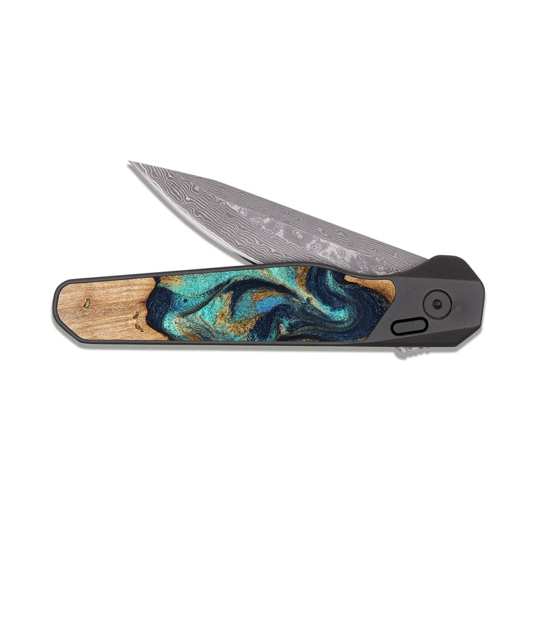 EDC Dark Damascus Wood Pocket Knife - Waldo (Teal & Gold, 831482)