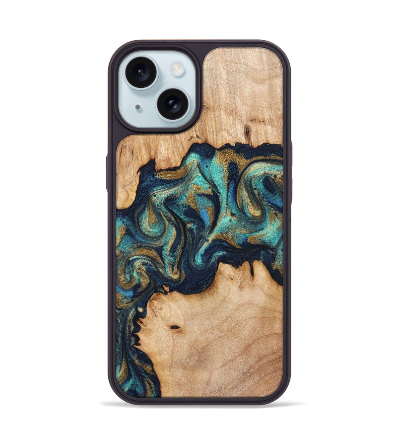 iPhone 15 Wood Phone Case - Waldo (Teal & Gold, 831482)