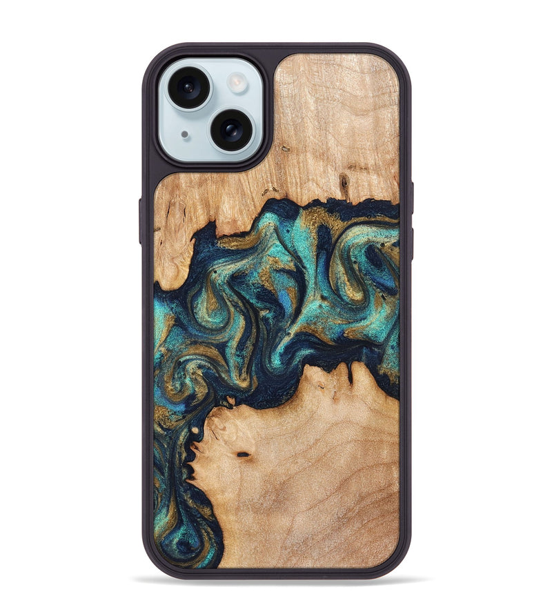 iPhone 15 Plus Wood Phone Case - Waldo (Teal & Gold, 831482)