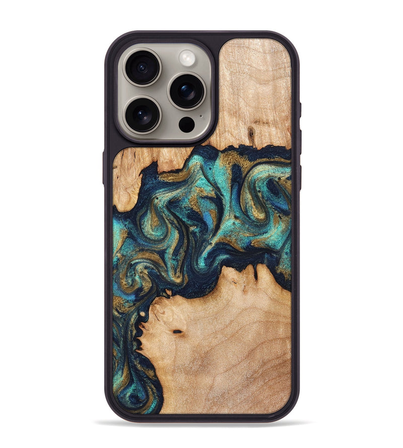iPhone 15 Pro Max Wood Phone Case - Waldo (Teal & Gold, 831482)