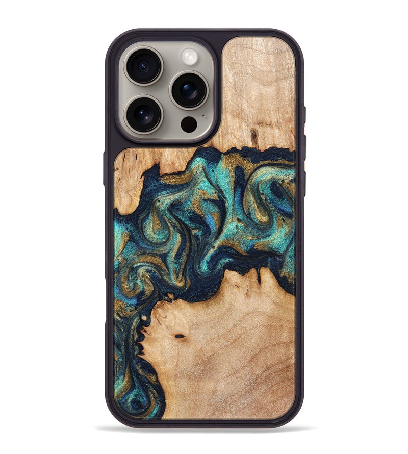 iPhone 16 Pro Max Wood Phone Case - Waldo (Teal & Gold, 831482)