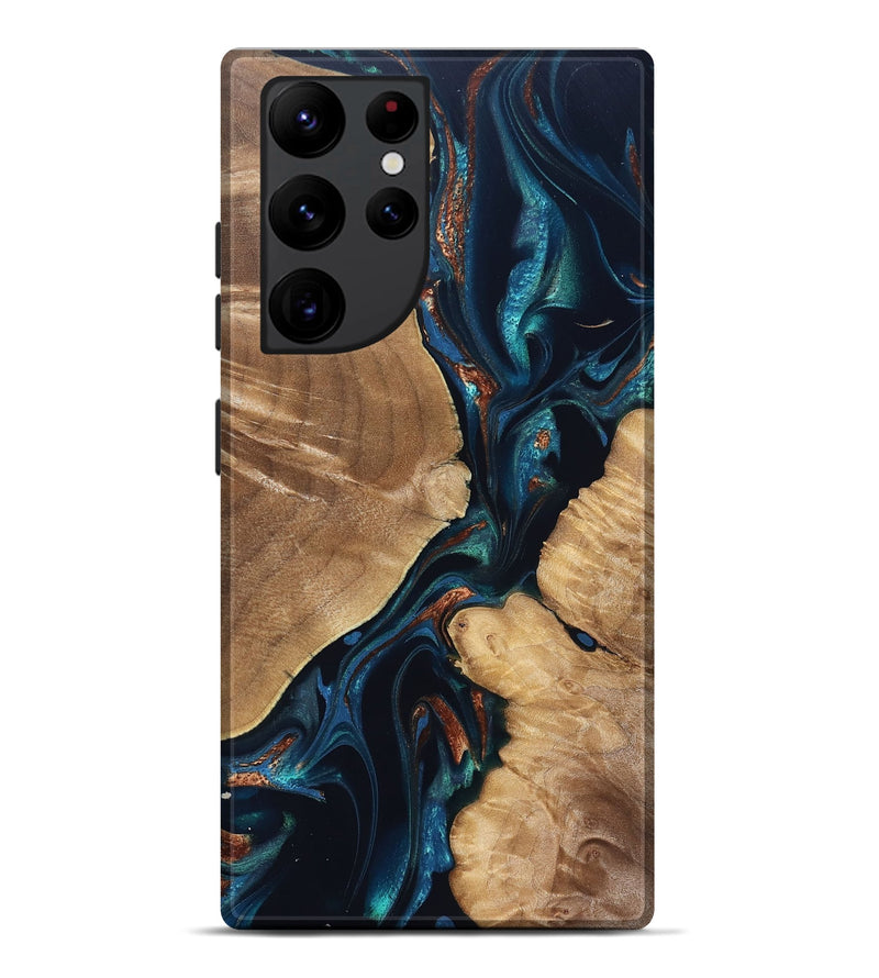 Galaxy S22 Ultra Wood Live Edge Phone Case - Nola (Teal & Gold, 831591)