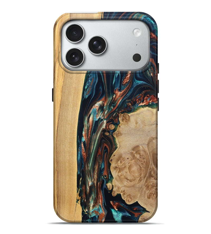 iPhone 18 Pro Max Wood Live Edge Phone Case - Rob (Teal & Gold, 831598)