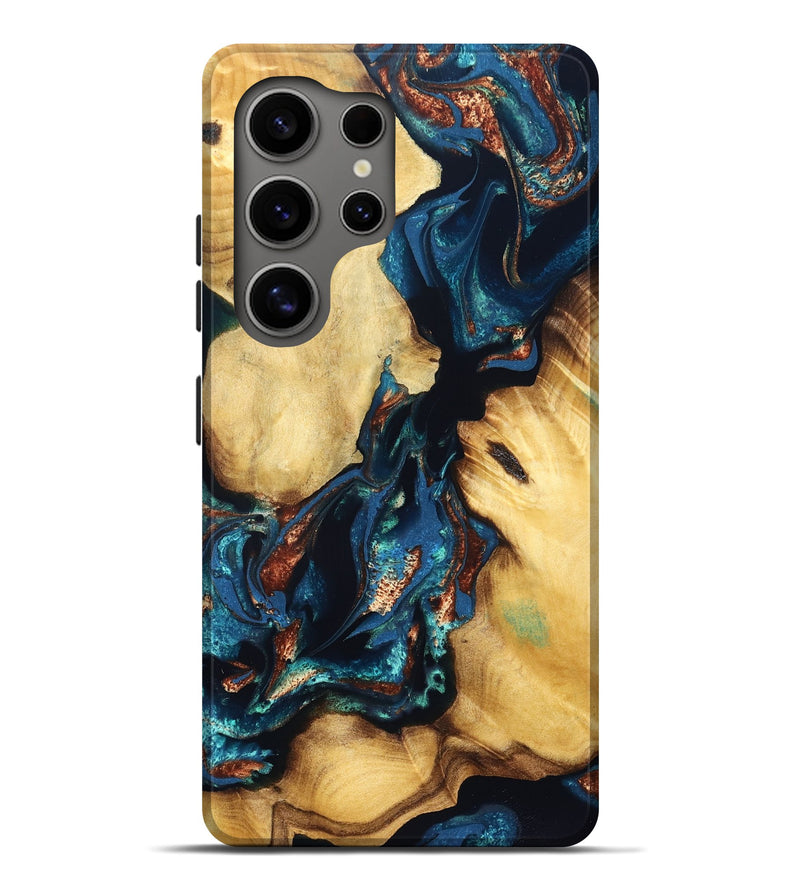 Galaxy S25 Ultra Wood Live Edge Phone Case - Zula (Teal & Gold, 831603)