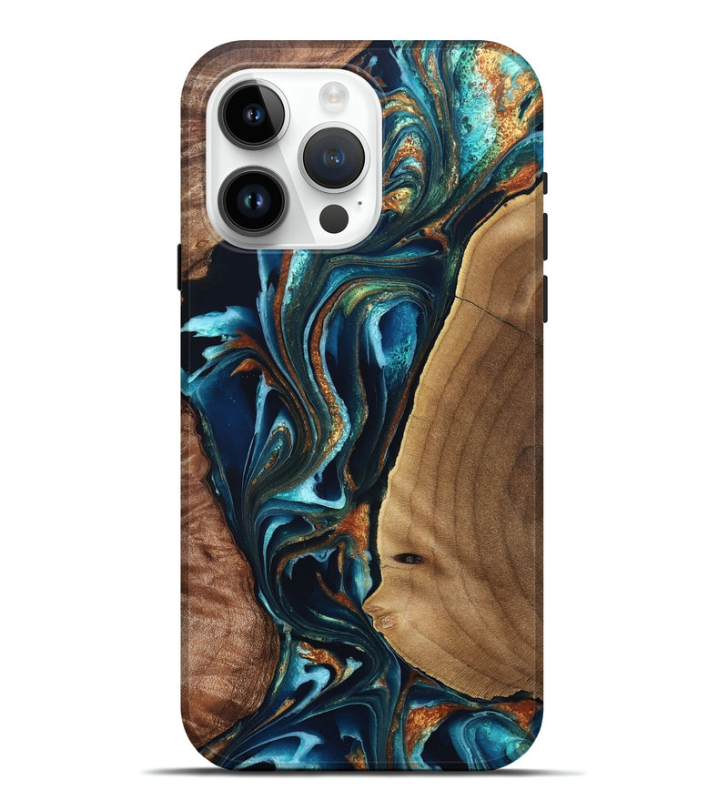 iPhone 15 Pro Max Wood Live Edge Phone Case - Ashtyn (Teal & Gold, 831611)