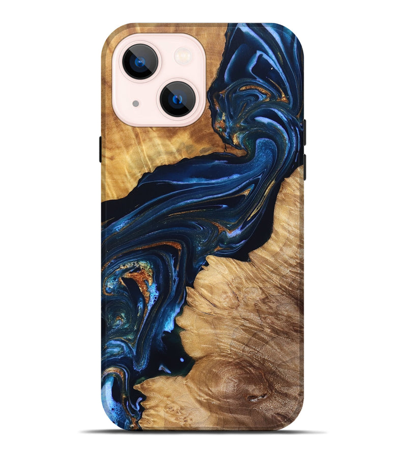 iPhone 14 Plus Wood Live Edge Phone Case - Tena (Teal & Gold, 831625)