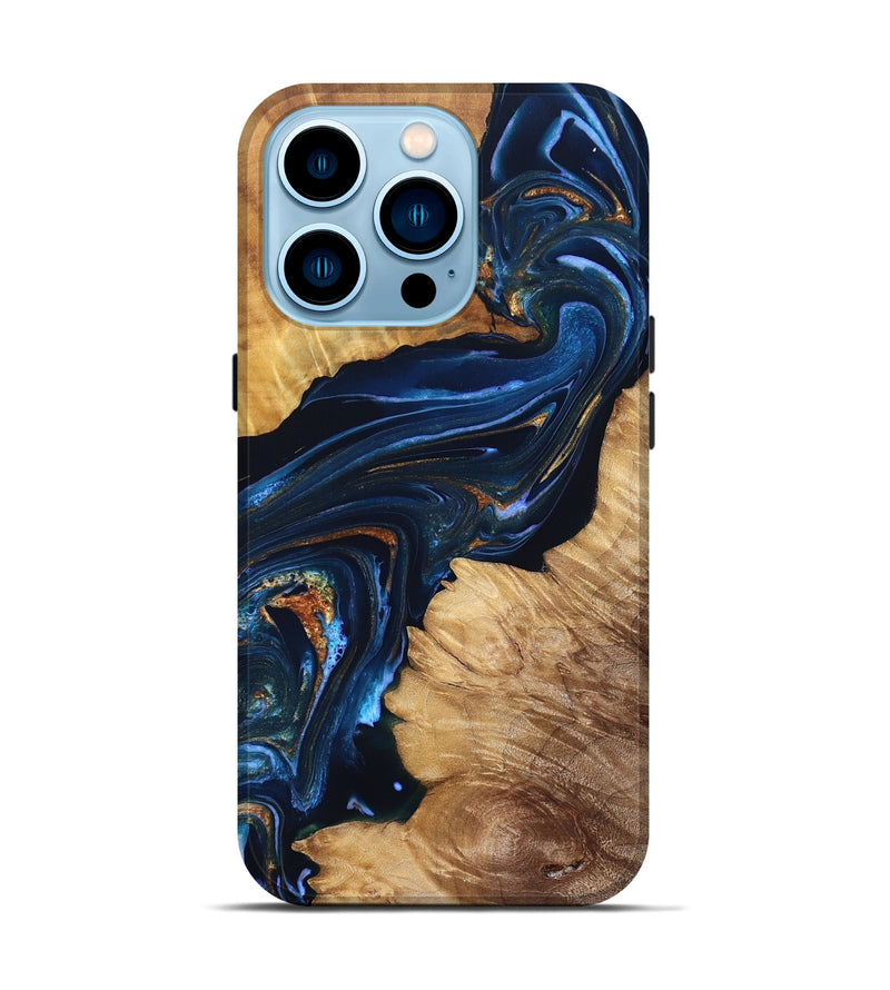 iPhone 14 Pro Wood Live Edge Phone Case - Tena (Teal & Gold, 831625)