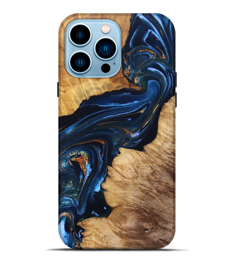 iPhone 14 Pro Max Wood Live Edge Phone Case - Tena (Teal & Gold, 831625)