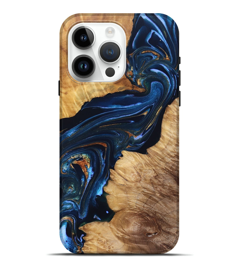iPhone 15 Pro Max Wood Live Edge Phone Case - Tena (Teal & Gold, 831625)